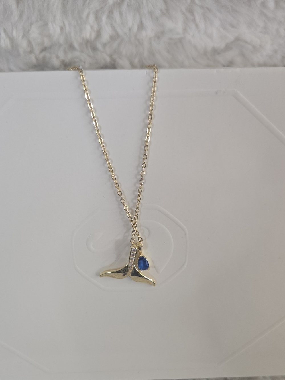 Gold-tone Blue Stone Whale Tail Pendant Necklace - Women Jewelry
